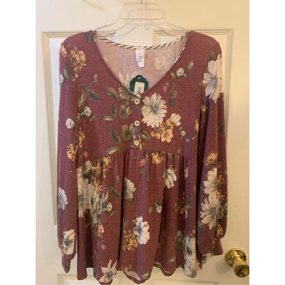 HONEY ME TOP BABY DOLL LONG SLEEVE BOHO MAUVE FLOWER PRINT V NECK SZ S NWT - Picture 8 of 10
